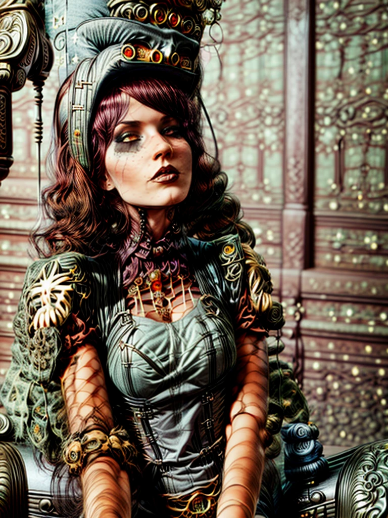Beautiful woman with a spiked headdress sitting in a chair, goth chick, Bright hot pink eyes, michael hussar, slime punk, hyperrealism, ornamental gothic - cyberpunk, stefan gesell, deiv calviz, cybergoth, cyberpunk horror style, nagash editorial, intricate cyberpunk make - up, portrait of a gothic queen, gothic - cyberpunk, gothic art, portrait of a holy necromancer, full focus, attention to detail, intricate, Masterpiece+++