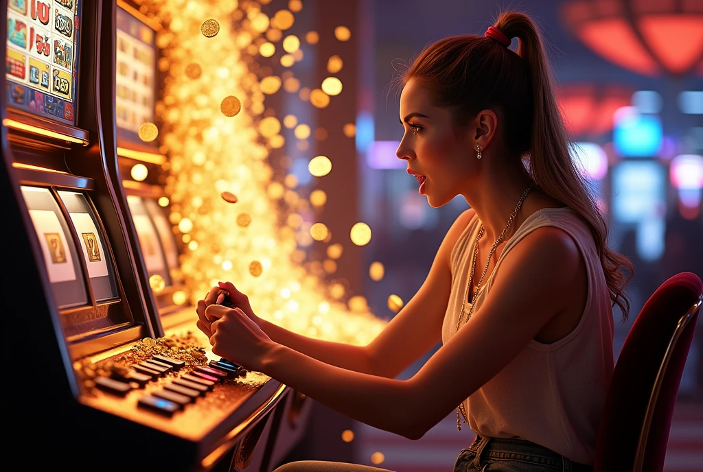 Woman playing slot machine, seated, focused on game, (hand on lever:1.6, 777 jackpot display:1.1, massive gold coin eruption from played machine:1.1, coins flooding surroundings:1.1), excited expression, stylish casual wear, vibrant casino atmosphere, (dynamic coin avalanche filling frame:1.2, immersive coin overflow:1.2), lucky moment, contrast of machine and flowing coins, coins piling up around player