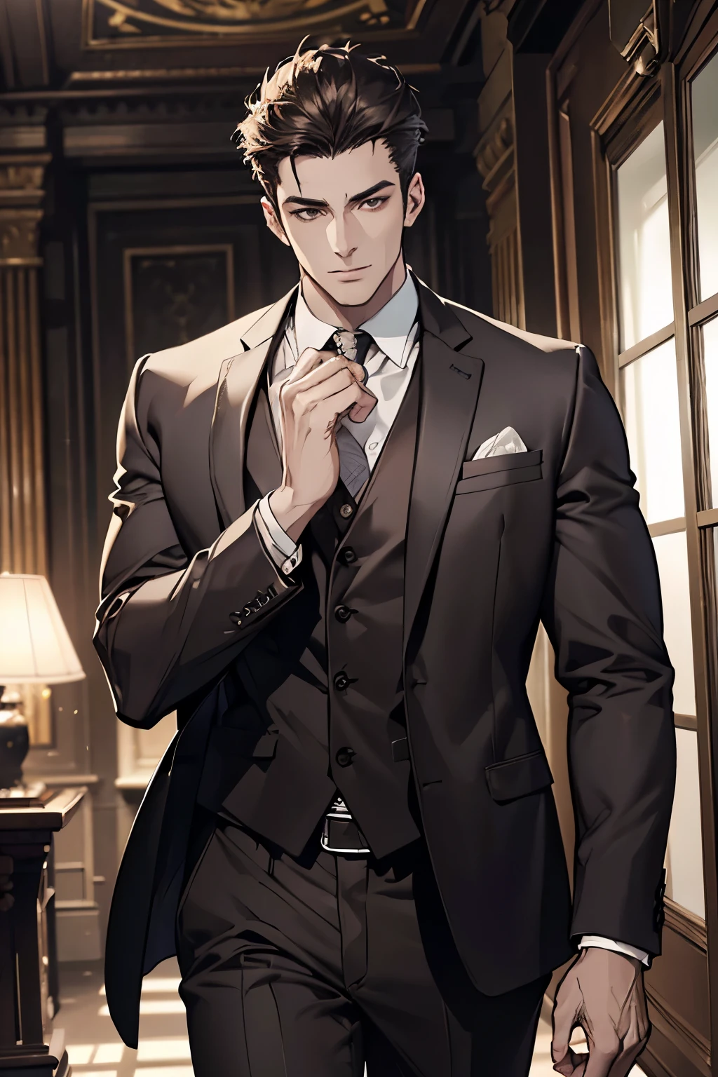 A handsome man in a brown gray suit, a bodyguard in dark clothes, two people walked up the stairs of the villa to the living room, perfect face, perfect hands, (best quality, 4k, 8k, highres, masterpiece:1.2), ultra-detailed, (realistic, photorealistic, photo-realistic:1.37), HDR, UHD, studio lighting, ultra-fine painting, sharp focus, physically-based rendering, extreme detail description, professional, vivid colors, bokeh, (portraiture)