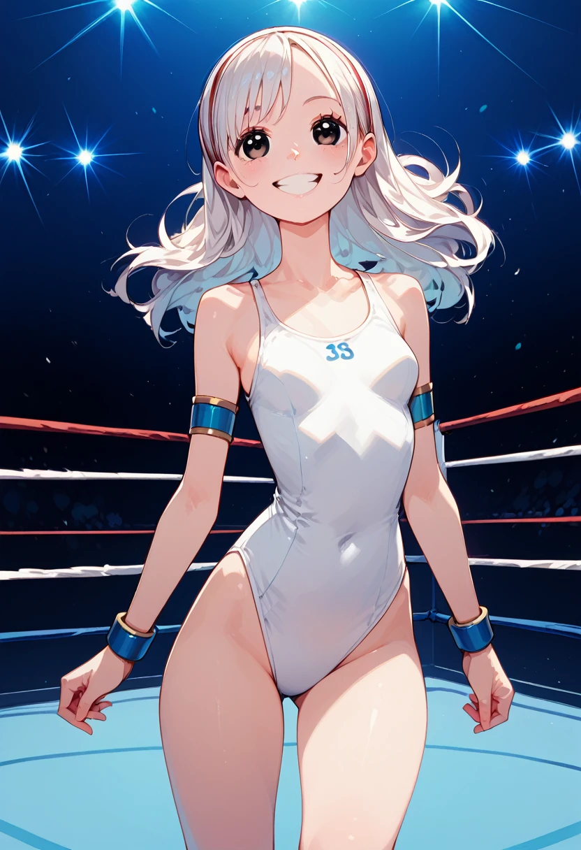 Perfect body and cute,(in addition,18 years,150cm), (in addition,White ruffled one piece swimsuit,), Very small breasts,Straight hair,prohibit,Wrestling Ring,Highly detailed face and skin, Detailed eyes,Knee-high socks,Arm band,hair band,Nogizaka46,Grinning smile, the body is slim, thin, thin太もも,Small hips,Fighting Pose,fight in professional wrestling