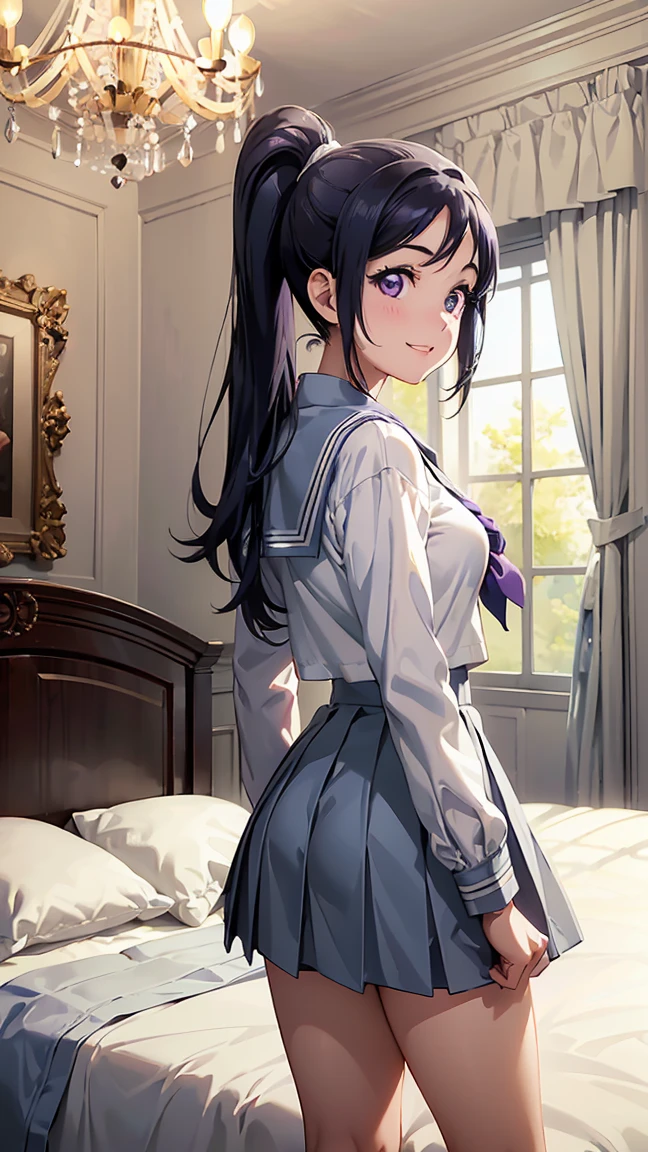 kanan matsuura, blue hair, long hair, ponytail, (purple eyes:1.1), sidelocks,aqua neckerchief, grey sailor collar, grey skirt, miniskirt, neckerchief, pleated skirt, sailor collar, sailor shirt, school uniform, serafuku, shirt, skirt, summer uniform, uranohoshi school uniform, white shirt,-- -- ((On all fours))), (((White panties clearly visible from behind))), (((Legs spread 1.3))), ((((Composition from behind 1.3))), (((Back visible))), (((White panties clearly visible 1.3))), (Wet), Fair skin, (Slim figure 1.2), (( (Thin thighs 1.3))), Fair skin, -- --- ((Pure white and beautiful panties)), stockings, ---(8K, Raw, Highest Quality, Real 1.2), Ultra High Quality, High Resolution, Highest Quality, Perfect Face, Perfect Limbs, Perfect Fingers, High Resolution, (Beautiful Anime Face, Cute Face, Detailed Face), Joyful Smile, Smiling Expression, Lying on Bed, Cowboy Shot, Miniature Human Hand, (((medium bust 1.3))), (((thin thighs 1.3))), ((white walls bedroom 1.5)), ((white framed bed 1.5)), ((white ceiling bedroom 1.5)), ((divine light 1.5)), pure white chalk interior, pure white marble interior, ((Pure white bedroom like a Western castle: 1.5)), ((Luxurious pure white canopy bed: 1.4)), ((Chandelier: 1.4))), ((Pure white bed 1.5)), ((Beautifully decorated bedroom 1.5)), perfect anatomy, perfect proportions, nice lighting, bright colors, clean lines, information, blurred, stunning facial expression, restless emotions, gorgeous and cute, beautiful face and eyes in every detail, (masterpiece) beautiful face, young and handsome girl, really perfect skin, blurred, stunning facial expression, restless emotions, gorgeous and cute, beautiful face and eyes in every detail, (Audrey Hepburn), (cute), (J-POP idol), (thighs, (depth of field), (depth of field), soft light, glittering lens gaze, (droopy eyes), straight teeth, shy smile, flowing hair, a scene from Blake's movie