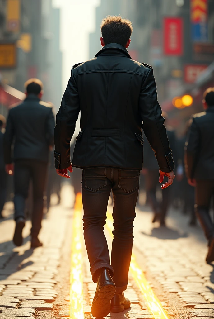 Among a crowd of people, a man walking leaves electric steps wherever he goes, with clenched fists he walks down the sunny street, the man looks like a normal person, from behind you can see that he is wearing circular glasses, a black jacket with military details, black formal shoes and black jeans,