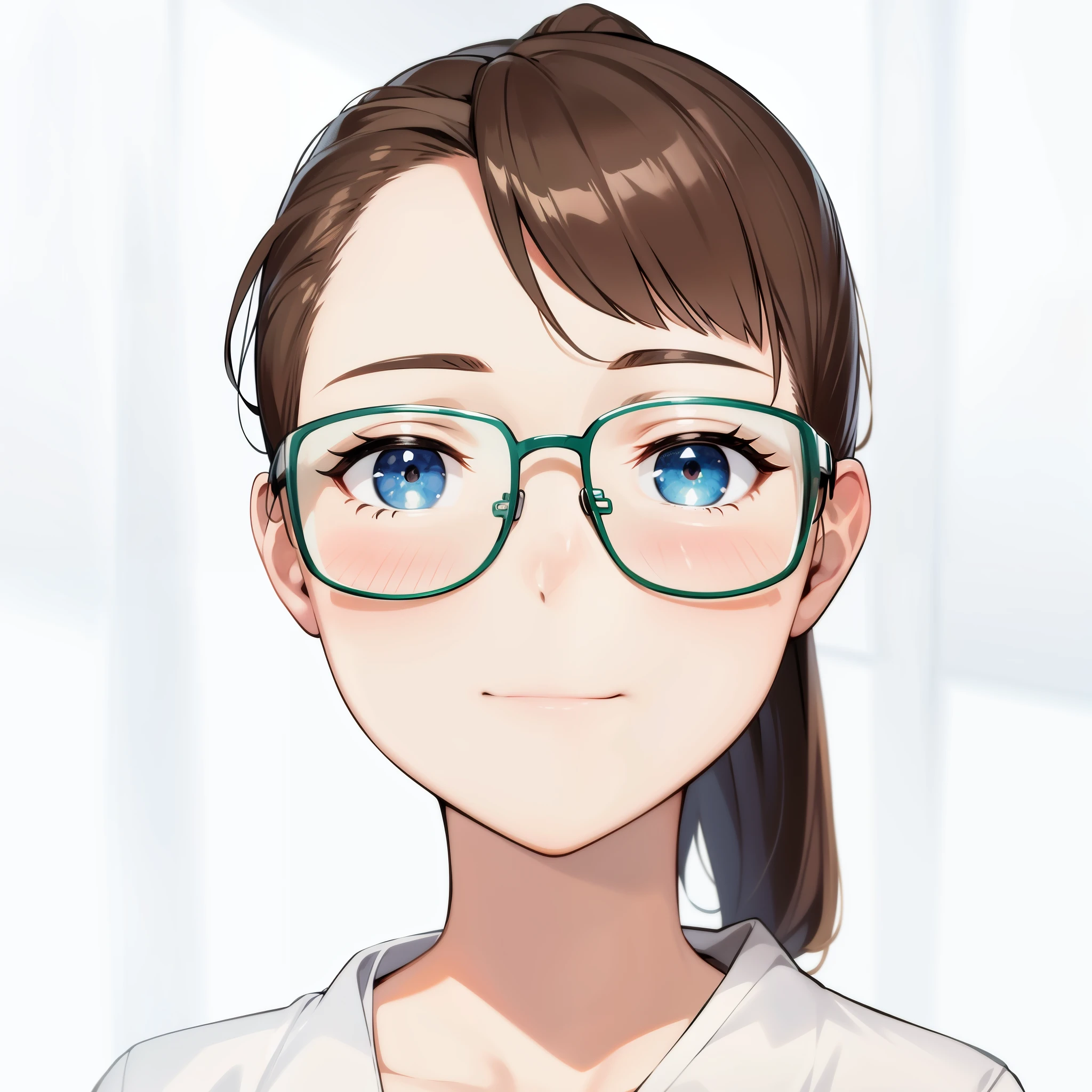 masterpiece、high quality、Very detailed、One woman、Late 20s,solo、Green glasses,ponytail,Cheek smile、Face close-up、Looking into the camera、office、Anime Style、2D,,(Close your mouth),(Don't show your teeth)