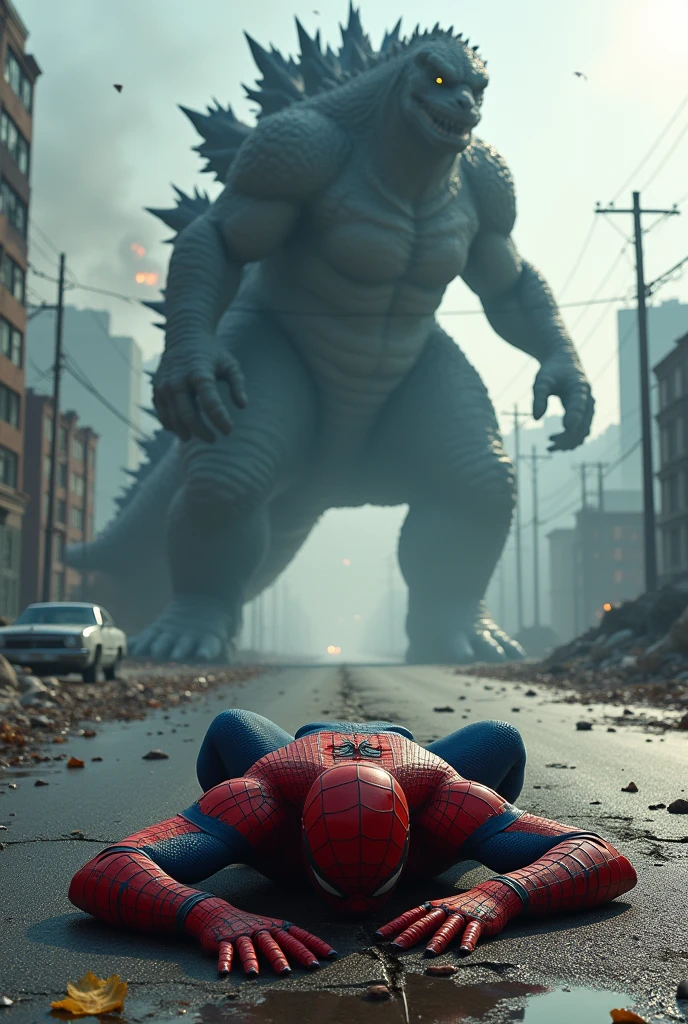 Spiderman die on the road in front of Godzilla