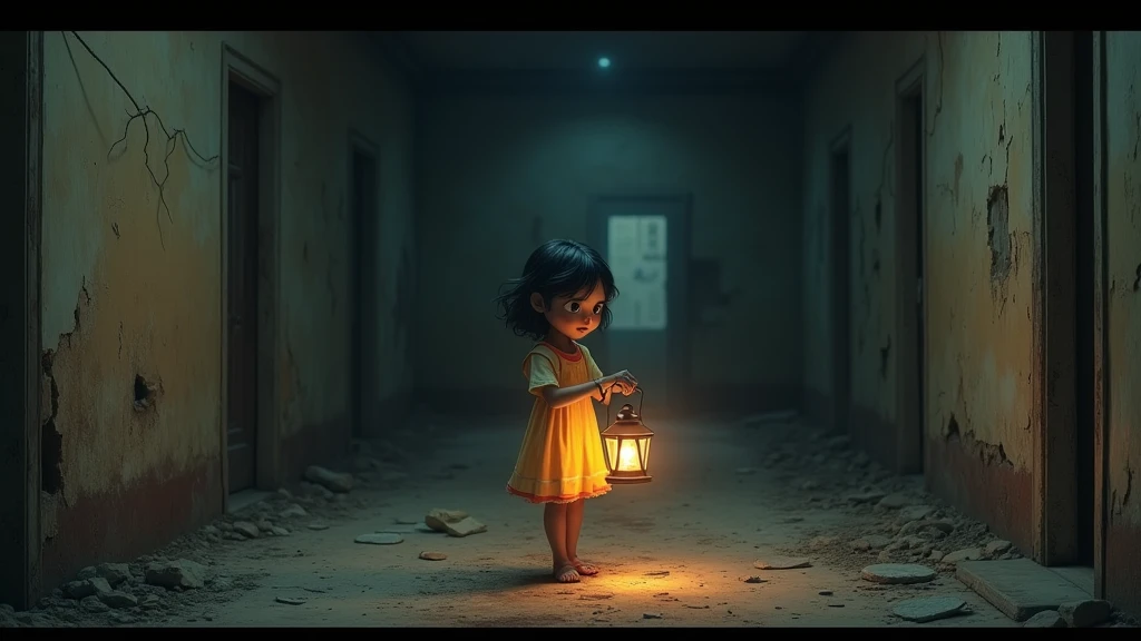 : A young girl named Suraiya entering a dark and dusty old house, holding a lantern that casts faint light on cracked walls and mysterious shadows in the corners. 8k  