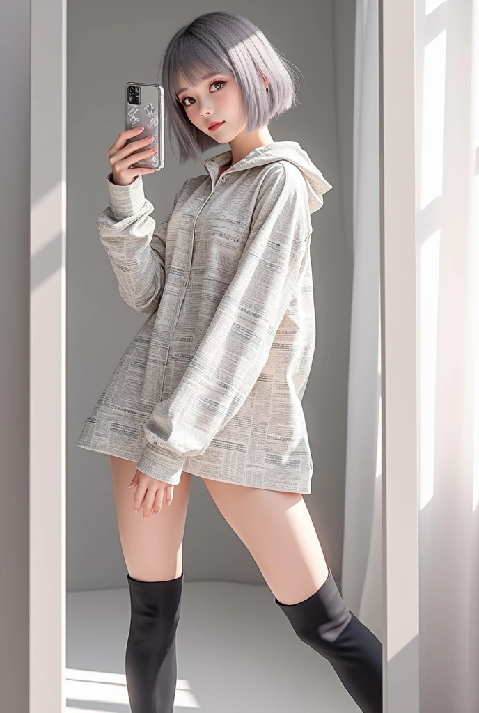 highly detailed, beautiful, hyper Realistic girl, masterpiece, best quality, Japanese sexy gravure woman, 28 years old, identity hidden, takes a selfie in her room using a smartphone in front of a mirror with one hand, fashion model Posing, looking away from the camera, /// gray short hair, light color eyes, Realistic skin, Detailed face, /// Design a futuristic fall fashion ensemble centered on white, keeping in line with minimalist aesthetics. (wearing a All News Paper Print Big nylon Shirt, over sized, Monotone color). Complete the look with black ankle boots that have a metallic finish and a translucent, geometric silver bag. The overall vibe should exude a sleek, forward-thinking style that seamlessly blends modern minimalism with a touch of the future, /// Monotone simple modern taste single room, mirror, complicated background,