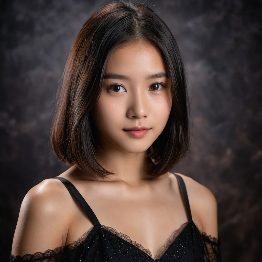 Yui, photo of female, age 15 year, black shoulder length hair with brown highlights; (rim lighting, studio lighting, dslr, ultra quality, film grain, Fujifilm XT3, crystal clear, 8K UHD, highly detailed glossy eyes, high detailed skin, skin pores); wear black dress, black stockings, wall background