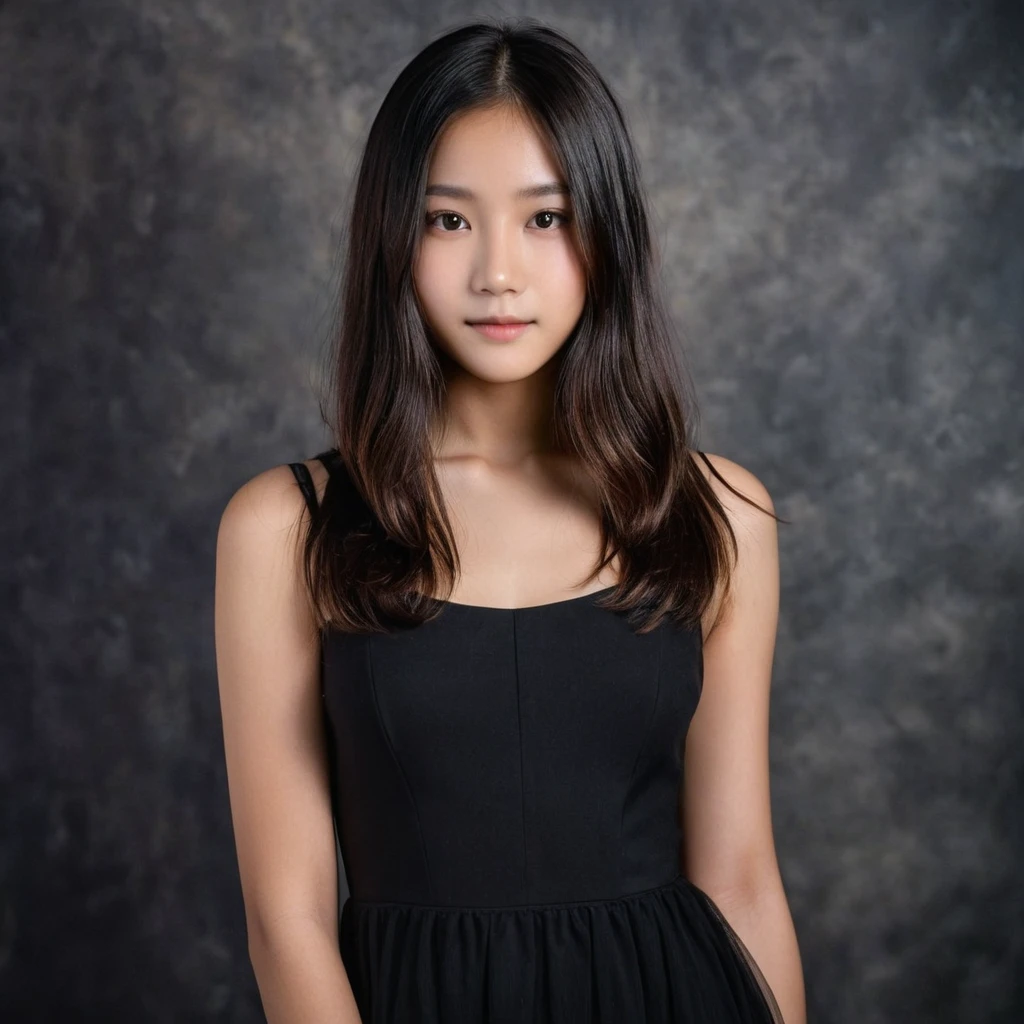 Yui, photo of female, , black shoulder length hair with brown highlights; (rim lighting, studio lighting, dslr, ultra quality, film grain, Fujifilm XT3, crystal clear, 8K UHD, highly detailed glossy eyes, high detailed skin, skin pores); wear black dress, black stockings, wall background