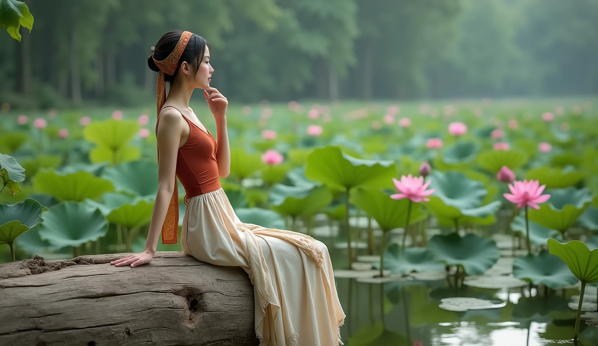 A realistic cinematic shot depicts a serene scene where a young Vietnamese traditional costume woman sits contemplatively on a large, weathered log at the edge of a tranquil pond filled with lotus flowers. The woman, positioned slightly to the right of center, is dressed in a sleeveless rust red top with thin straps and a high neckline, paired with a long, flowing cream-colored skirt that reaches her ankles. Her bare feet rest on the wooden surface, with her right hand delicately supporting her chin, evoking a sense of quiet reflection. Her black hair is neatly tied back in a bun, adorned with a wrapped headpiece featuring intricate patterns in shades of orange, red, and green. The log beneath her is textured with visible grain patterns, knots, and cracks, adding to its natural appearance. A softly draped cloth with a subtle floral pattern in beige, pink, and green is cascading over the left side of the log, its frayed edges contributing to the rustic feel. The pond's surface is calm and reflective, adorned with large green lotus leaves of varying sizes and conditions, some floating vertically while others lay flat on the water. Pink lotus flowers bloom among the green foliage, adding pops of color to the scene. In the background, a vast expanse of lotus flowers stretches into the distance, creating a rich tapestry of flora. Dense trees in various shades of green frame the horizon, gradually fading into a misty haze that adds depth and tranquility to the composition. The lighting is soft and diffused, casting gentle shadows and highlighting the textures of the wooden log, the lotus leaves, and the woman's features. This creates a warm, muted color palette dominated by earthy tones of forest green, soft pink, tan, and cream, with touches of pale yellow and light brown. The overall atmosphere is peaceful and contemplative, enhanced by the balanced composition and harmonious interplay between the woman, the natural elements, and the serene landscape. Highly detailed fa