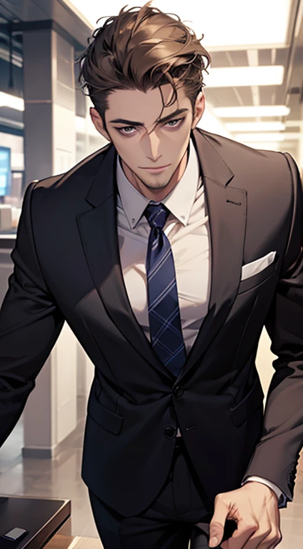 (best quality,4k,8k,highres,masterpiece:1.2),ultra-detailed,(realistic,photorealistic,photo-realistic:1.37),1 man,31 years old,mature man,very handsome,without expression,smile,short grey brown hair,blue eyes,penetrating gaze,perfect face without errors,imposing posture,businessman,office background,cinematic lighting,hdr image