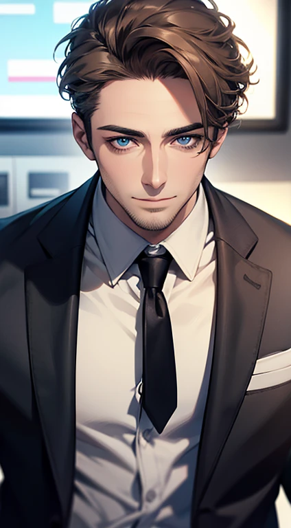 (best quality,4k,8k,highres,masterpiece:1.2),ultra-detailed,(realistic,photorealistic,photo-realistic:1.37),1 man,31 years old,mature man,very handsome,without expression,smile,short grey brown hair,blue eyes,penetrating gaze,perfect face without errors,imposing posture,businessman,office background,cinematic lighting,hdr image