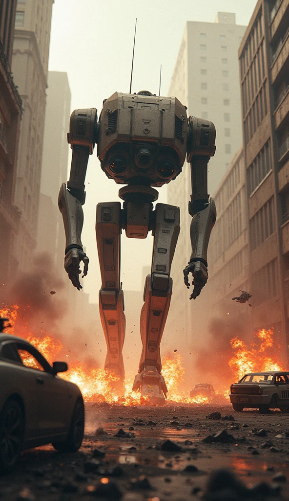 ED-209 in action, firing its heavy artillery in a chaotic urban setting, debris flying and explosions lighting up the scene, the environment a dystopian cityscape with damaged vehicles and crumbling buildings, the atmosphere charged with energy and destruction, digital art with a focus on intense action and realistic effects, --ar 16:9 --v 5.