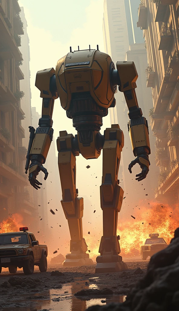 ED-209 in action, firing its heavy artillery in a chaotic urban setting, debris flying and explosions lighting up the scene, the environment a dystopian cityscape with damaged vehicles and crumbling buildings, the atmosphere charged with energy and destruction, digital art with a focus on intense action and realistic effects, --ar 16:9 --v 5.