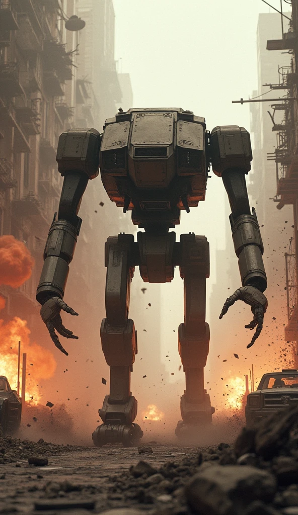 ED-209 in action, firing its heavy artillery in a chaotic urban setting, debris flying and explosions lighting up the scene, the environment a dystopian cityscape with damaged vehicles and crumbling buildings, the atmosphere charged with energy and destruction, digital art with a focus on intense action and realistic effects, --ar 16:9 --v 5.
