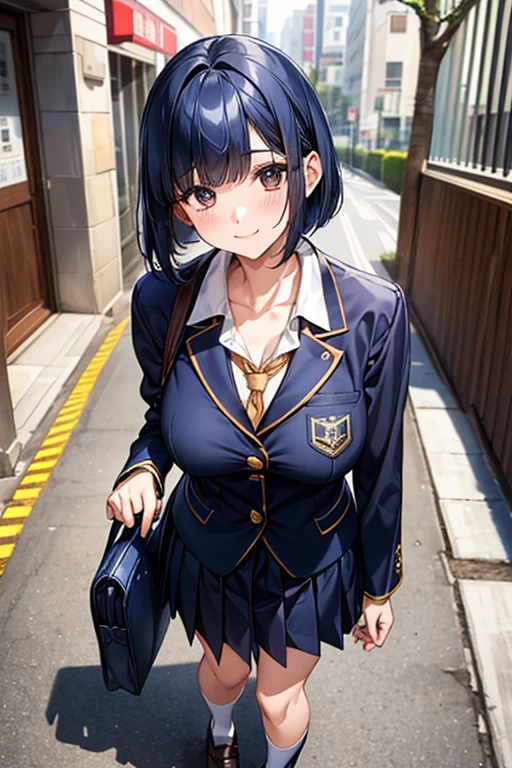 High-quality, ultra-realistic portraits、1 person、high school student、Japanese school uniform、Are standing、smile、looking at the camera、Detailed face、Smooth Skin、((Navy Blue Hair、Front-down bob hair、Sharp Eyes:1.6、Big Breasts))、Natural Makeup、Outdoor Background、(custom school uniforms、A cleavage-enhancing white blouse with navy blue accents:1.8、Gold Button、Navy blue pleated skirt with white trim、Knee-length、Navy blue ribbon tie、white ankle socks、Black leather loafers、Navy blue blazer with gold school emblem on breast pocket)、Matching navy blue school bag with gold trim
