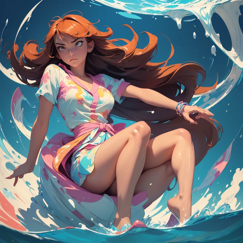 (Masterpiece, Top Quality:1.35), (Flat Color:1.27), (Colorful:1.35), Frowning, One Girl, (((Solo))), Floating on colorful water, (2D:1.25), Perfect lighting, Perfect shading, (Realistic:1.2), (Mature Adult:1.37), (Detailed, Complex ), beautiful, fantastic, gorgeous stunning, cinematic, epic, (perfect body, perfect legs), (photorealistic:1.5), (mature adult:1.37), center, (sketch, illustration),