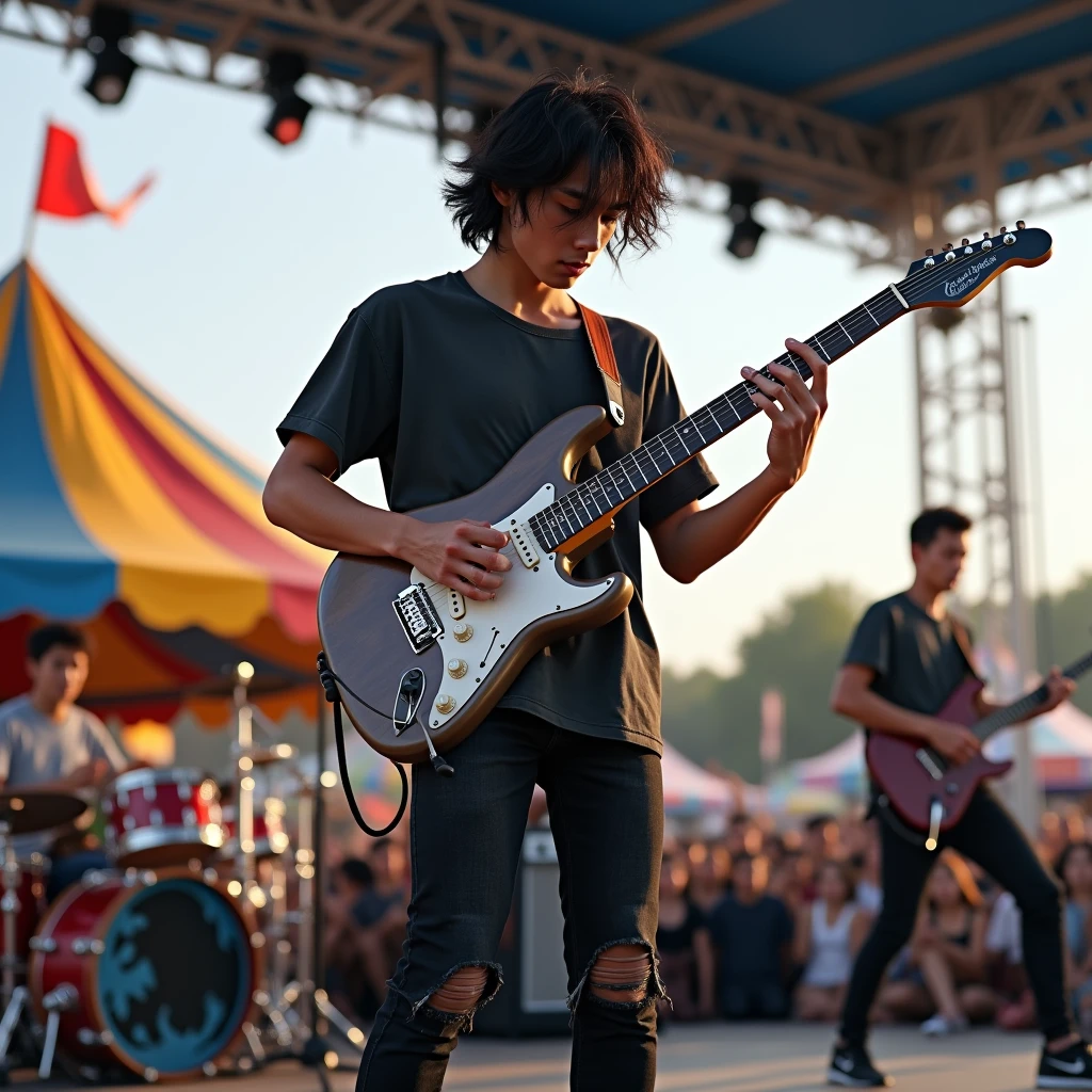 Photorealistic, 8k full body portrait, good looking, Handsome young asian  teenage 18 years old, playing electric guitar with his band on the stage. The background at daylight of carnaval playground Manhattan, New York, he is wearing T-shirt, ripped black jeans pants and nike running shoes, black messy hair, full body sight,, attractive appearance, Facial details,((play the guitar:1.2))