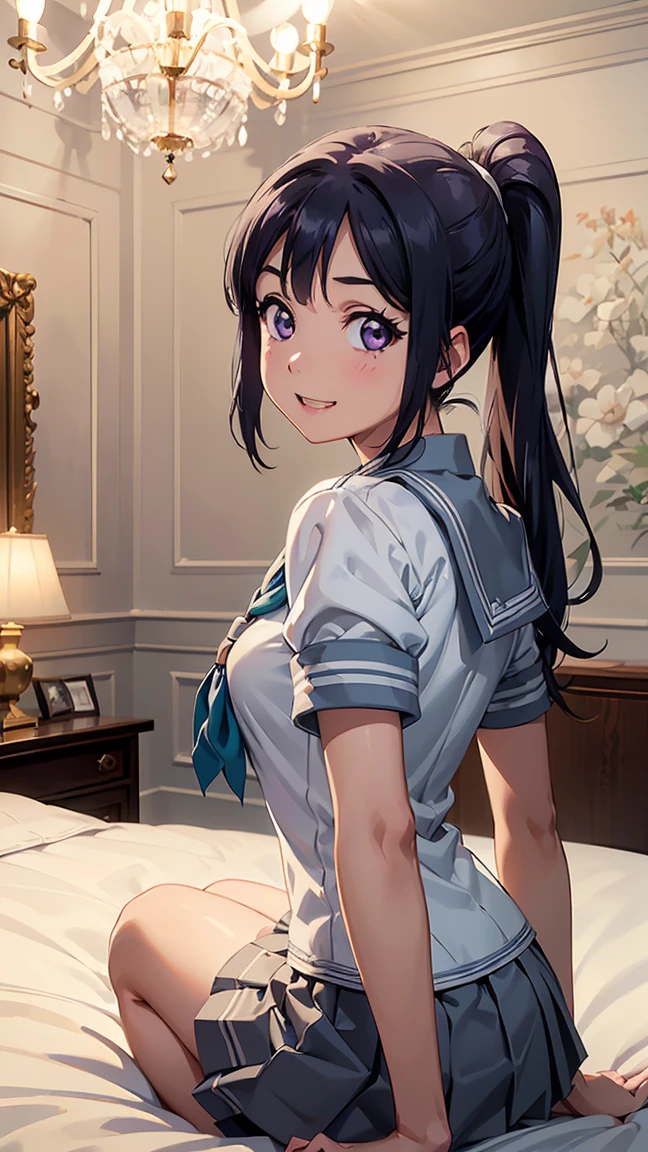 kanan matsuura, blue hair, long hair, ponytail, (purple eyes:1.1), sidelocks,aqua neckerchief, grey sailor collar, grey skirt, miniskirt, neckerchief, pleated skirt, sailor collar, sailor shirt, school uniform, serafuku, shirt, skirt, summer uniform, uranohoshi school uniform, white shirt,---- ((On all fours))), (((White panties clearly visible from behind))), (((Legs spread 1.3))), ((((Composition from behind 1.3))), (((Back visible))), (((White panties clearly visible 1.3))), (Wet), Fair skin, (Slim figure 1.2), (( (Thin thighs 1.3))), Fair skin, -- --- ((Pure white and beautiful panties)), stockings, ---(8K, Raw, Highest Quality, Real 1.2), Ultra High Quality, High Resolution, Highest Quality, Perfect Face, Perfect Limbs, Perfect Fingers, High Resolution, (Beautiful Anime Face, Cute Face, Detailed Face), Joyful Smile, Smiling Expression, Lying on Bed, Cowboy Shot, Miniature Human Hand, (((medium bust 1.3))), (((thin thighs 1.3))), ((white walls bedroom 1.5)), ((white framed bed 1.5)), ((white ceiling bedroom 1.5)), ((divine light 1.5)), pure white chalk interior, pure white marble interior, ((Pure white bedroom like a Western castle: 1.5)), ((Luxurious pure white canopy bed: 1.4)), ((Chandelier: 1.4))), ((Pure white bed 1.5)), ((Beautifully decorated bedroom 1.5)), perfect anatomy, perfect proportions, nice lighting, bright colors, clean lines, information, blurred, stunning facial expression, restless emotions, gorgeous and cute, beautiful face and eyes in every detail, (masterpiece) beautiful face, young and handsome girl, really perfect skin, blurred, stunning facial expression, restless emotions, gorgeous and cute, beautiful face and eyes in every detail, (Audrey Hepburn), (cute), (J-POP idol), (thighs, (depth of field), (depth of field), soft light, glittering lens gaze, (droopy eyes), straight teeth, shy smile, flowing hair, a scene from Blake's movie