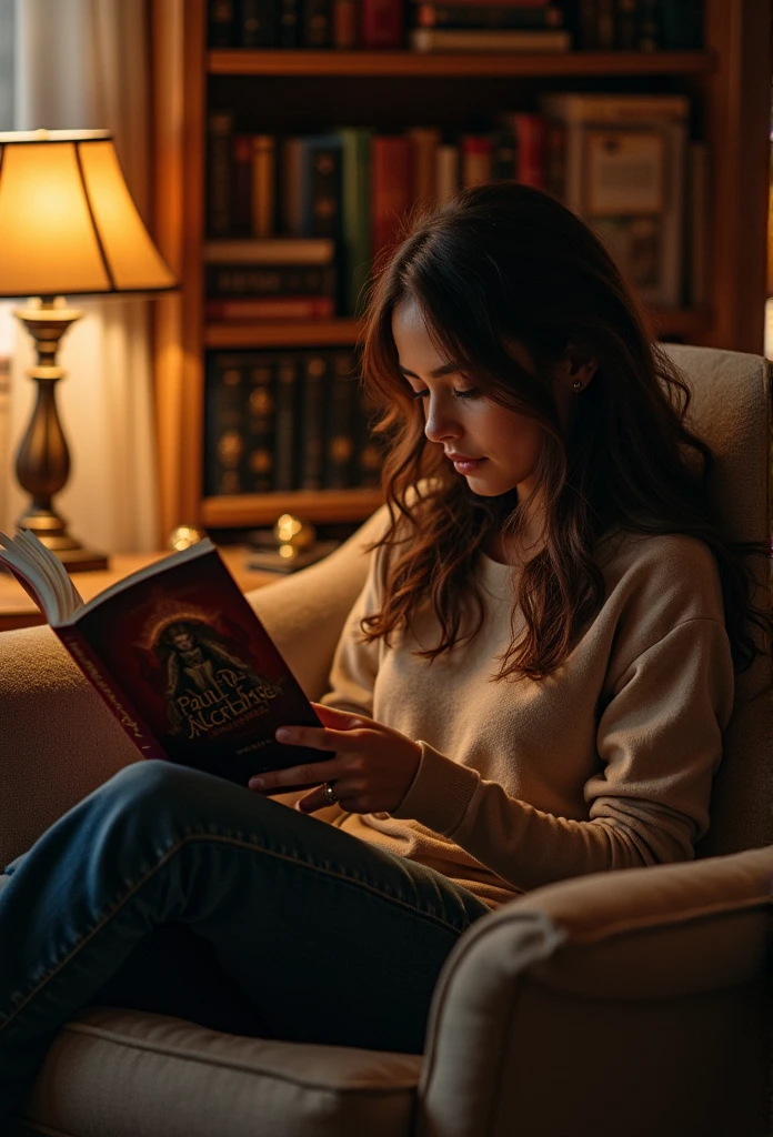 Aaravi sitting in a cozy nook with a warm light, engrossed in a copy of Paulo Coelho's "The Alchemist," surrounded by books and a comfortable ambiance.