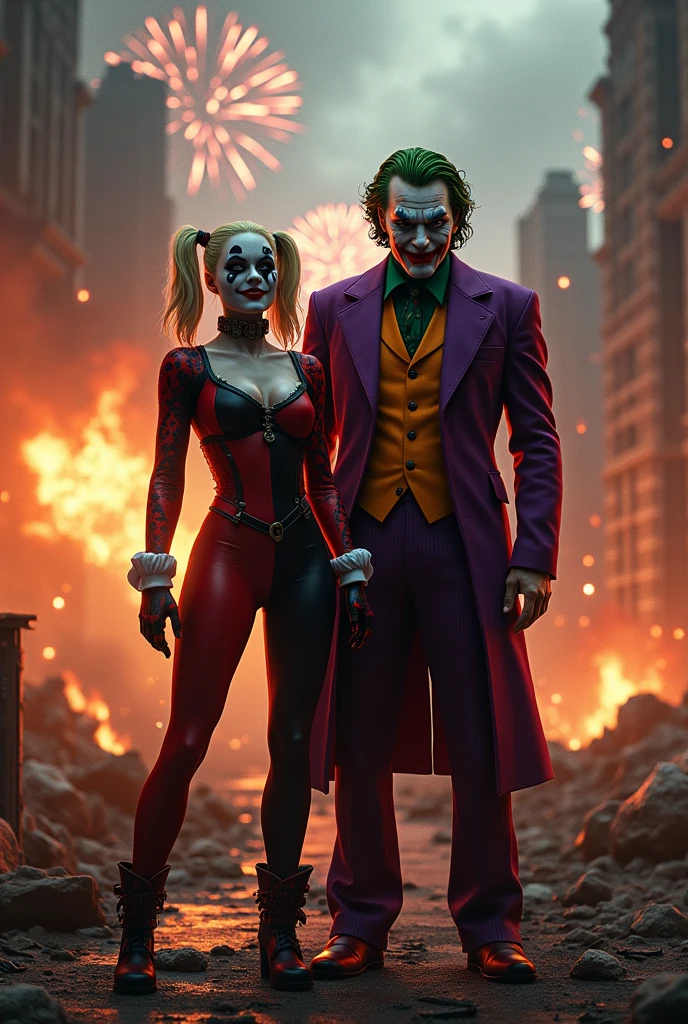 Harley Quinn with the Joker, scorched, realisitic, fireworks, lights,background a city on fire