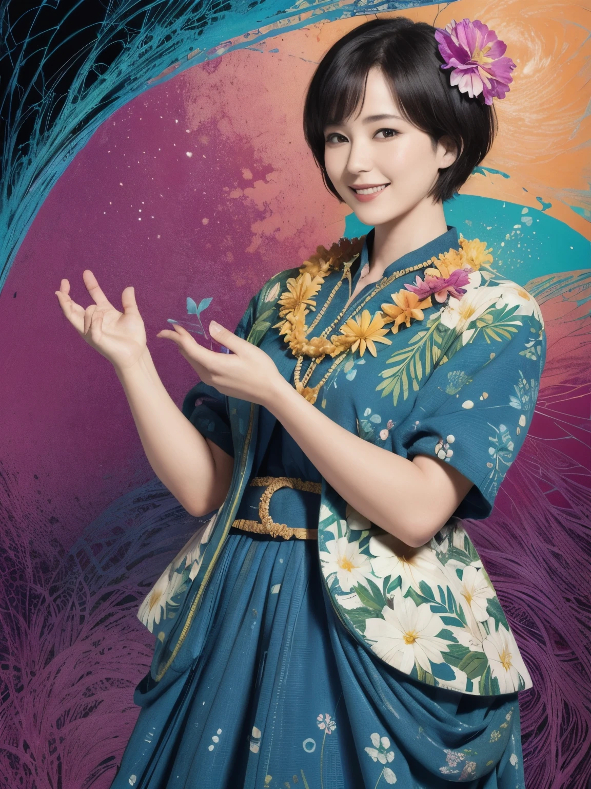 273 (20-year-old woman,short hair), (beautiful:1.2), (Fractal Art:1.1), (flower:1.3), whole body, (Abstract background:1.3), (Many colors:1.4), (Old-fashioned smile), (Hawaii), (Wave:1.1)