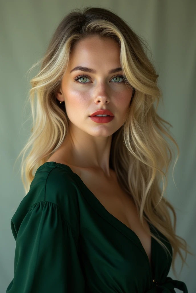 You can create the image of a woman with long hair, blonde and wavy, with light green eyes and thick red lips, with a dark green wardrobe
