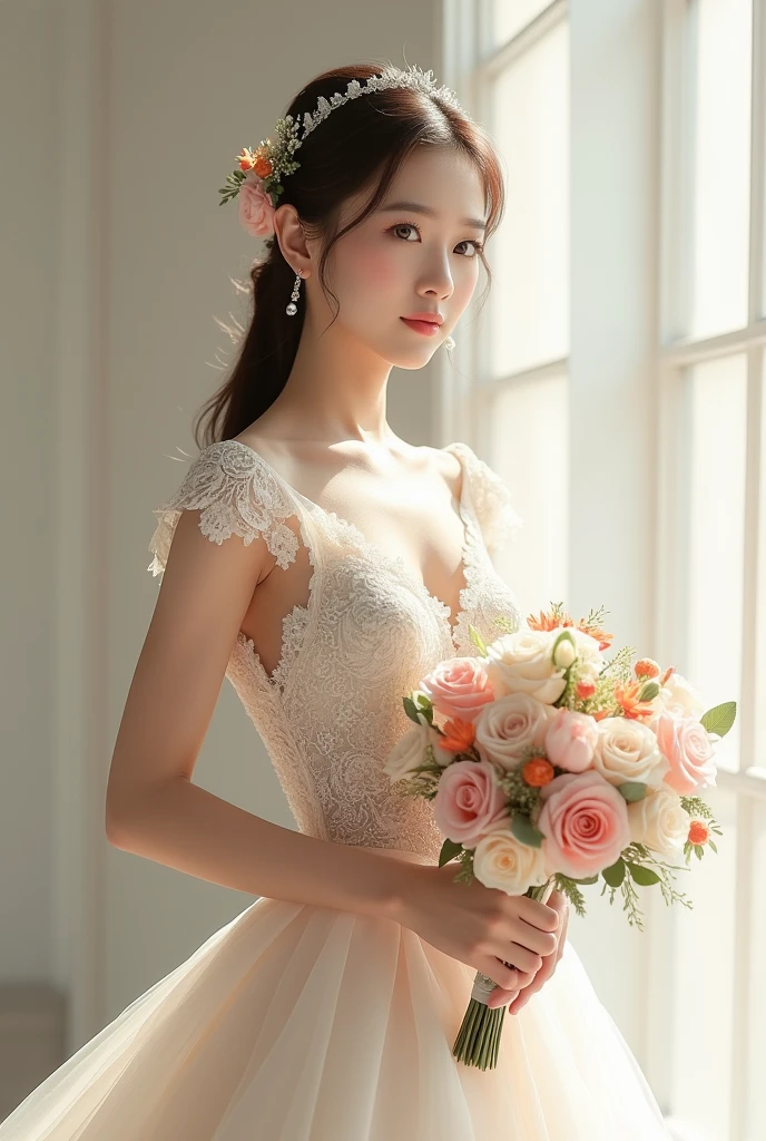 arafed bride in a wedding dress holding a bouquet of flowers, beautiful south Korean women, South Korean actress, Korean women, gorgeous young Korean women, Kim Hyun-joo, beautiful young Korean women, Jaeyoung Nam, Wenfei Ye, Choi Hong-hwa, bride, Japanese Model, Korean, Jinnah Chan, かわいいKorean, wool