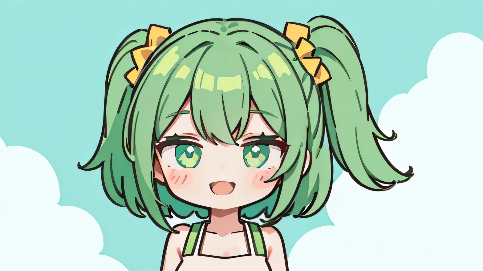 Anime girl with green hair and green eyes standing in front of a blue ...