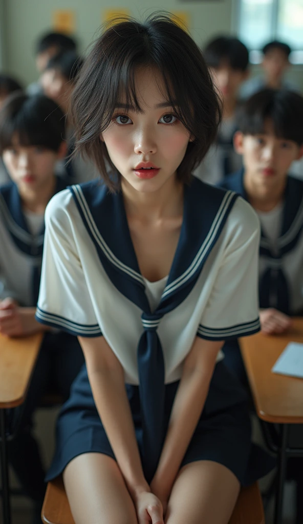 Erotic school girl,20 year old,korean, short hair, open mouth, school uniform, seating on table, school boys looking at her