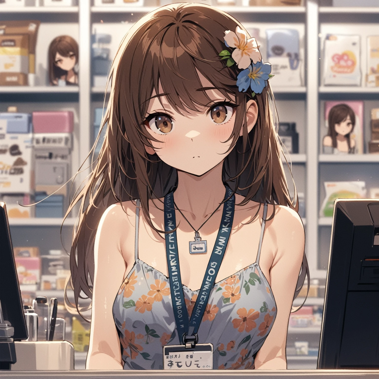 ((Best quality, masterpiece)), stoic,very long hair, brown hair, swept bangs, brown eyes, spaghetti strap backless floral print sundress, sneakers, toned arms, small breasts,  working behind counter, name tag, store, hands on counter, head tilt,
