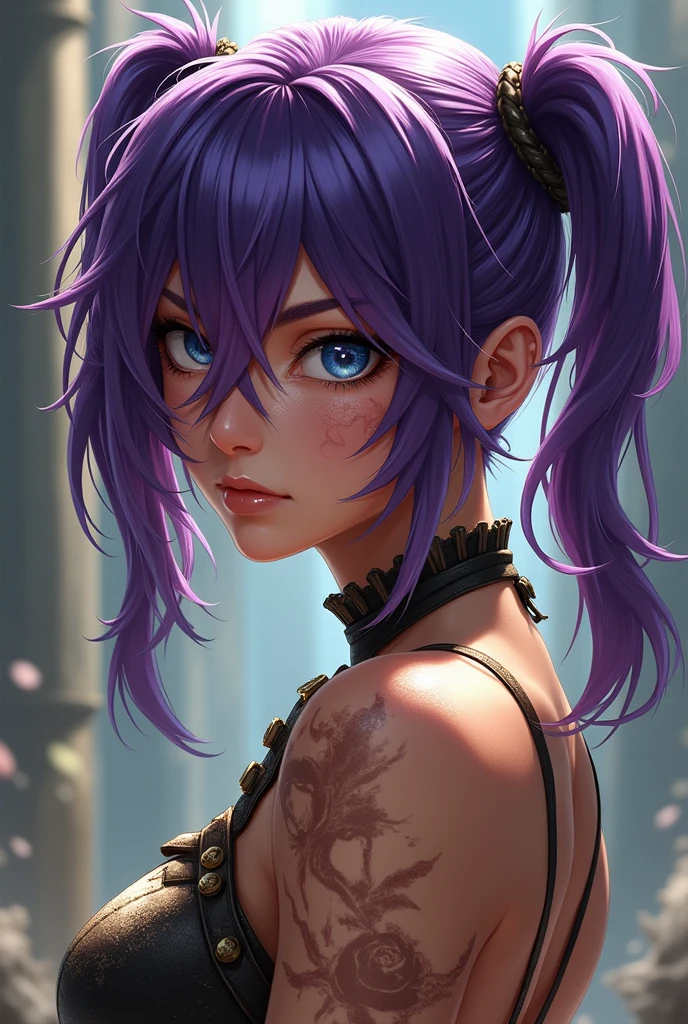 A women with purple fluffy hair medium and messy with 4 pigtails at the back of her hair, the hsir cover one of her eyes and she has blue eyes also have some scars in her face and body because she was a gladiator