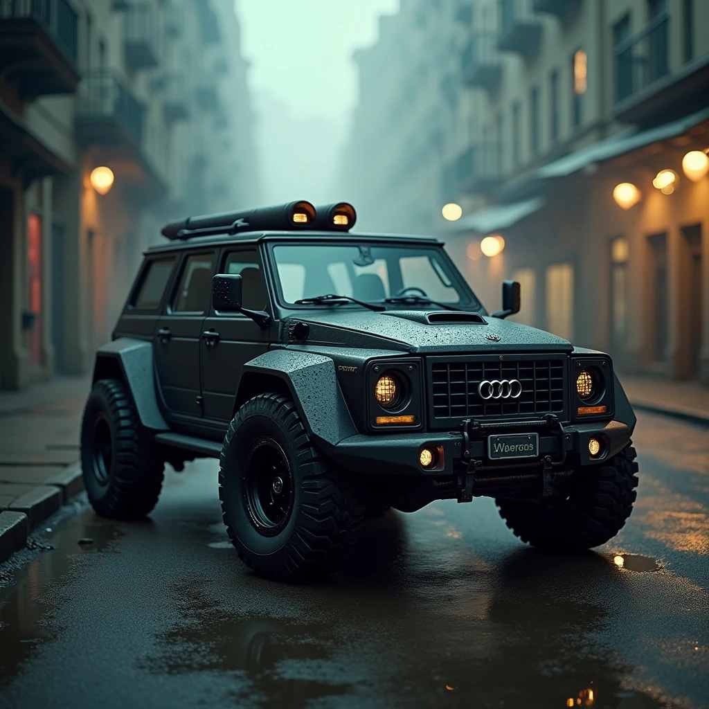 Cyberpunk Audi vintage armored wagon、Shallow depth of field、(masterpiece:1.3) (最high quality:1.2) (high quality:1.1)、Cinematic Light, ((Cinema Lighting),(Natural light),(High level of artistry),(artistic),(Indistinguishable quality from the real thing),RAW Photos,Genuine,Genuine,High resolution,RAW Photos,masterpiece, beautiful,