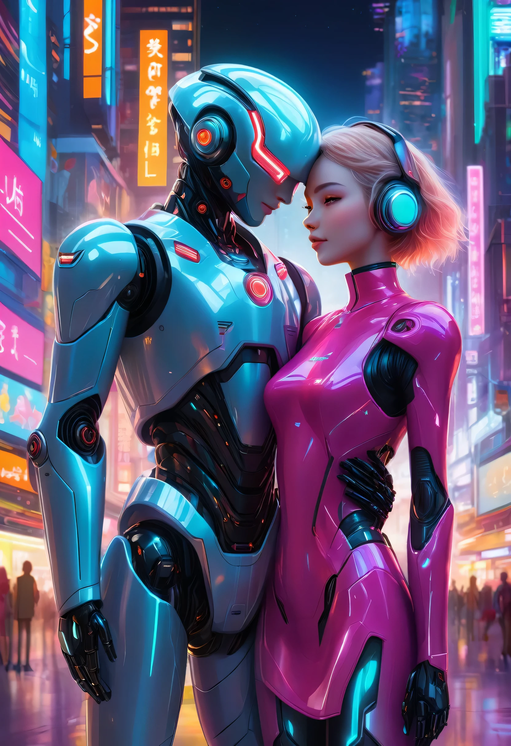 Create an illustration of a couple in love in anime style, takes place in a futuristic world, where advanced technology and robots coexist with humans. The couple should be in a tender, loving moment, maybe holding hands or hugging. The background should be lively, busy cityscape with elegant, Moderne Architektur, neon lights, and holographic advertising. Different robots should be visible, Interacting with people and completing everyday tasks. The couple's clothing should combine contemporary and futuristic fashion, with discreet technology accessories. The atmosphere should be romantic and warm, with soft lighting, which highlights the couple's expressions of love and the advanced, yet harmonious, Environment around them.