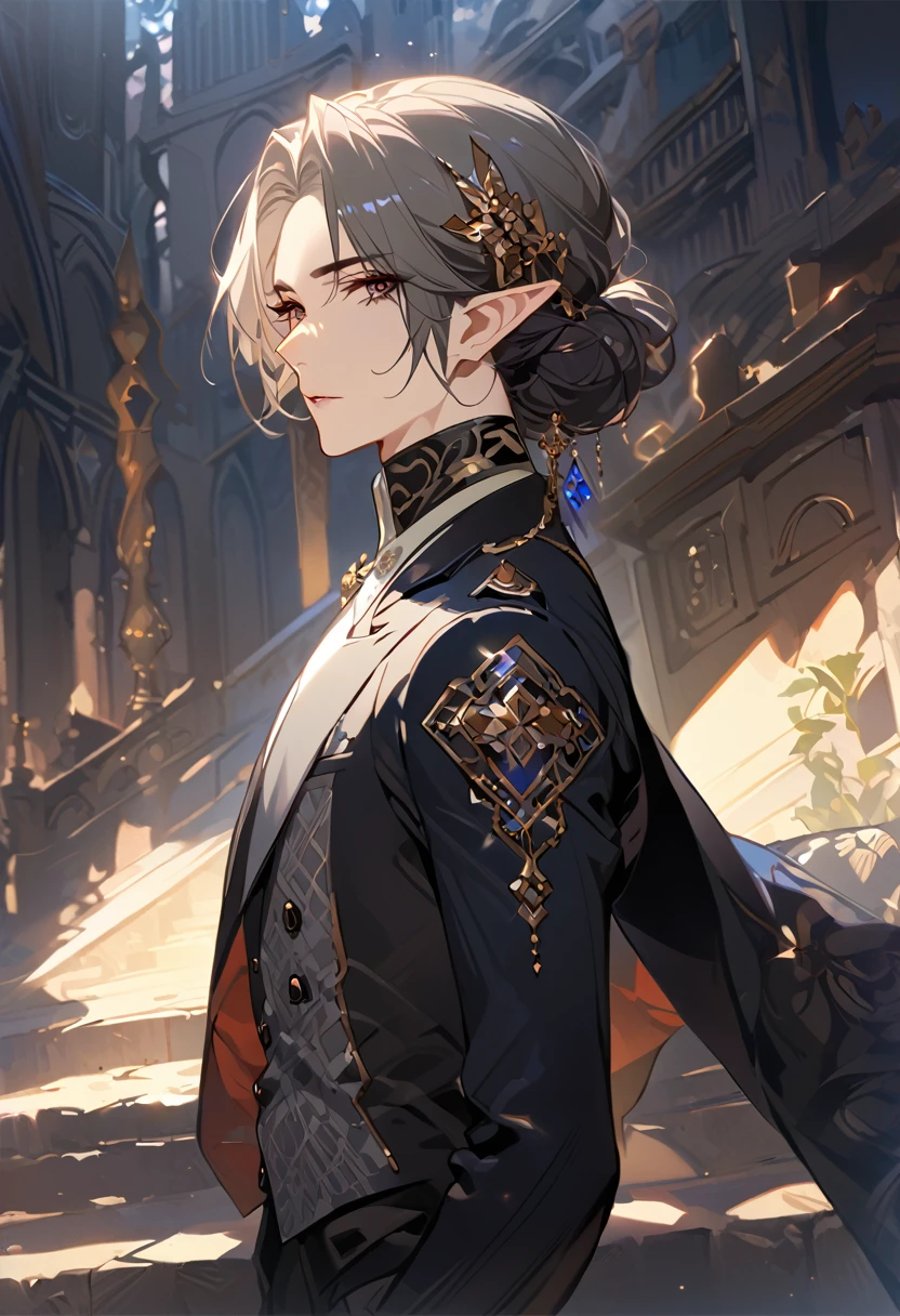 masterpiece, best quality, 8k ,4k , 1 male, elf, long ears elf, dark grayish hair, dark greenish eyes, hair ornament, finely detailed eyes and detailed face, looking at viewer, from side, meticulous clothes, formal clothes, combination of white and black coat, half cape by the shoulders, patterned clothes, majestic looks, sharp looks, shadows, inspired by Asukaziye artist : ask, art style : ask