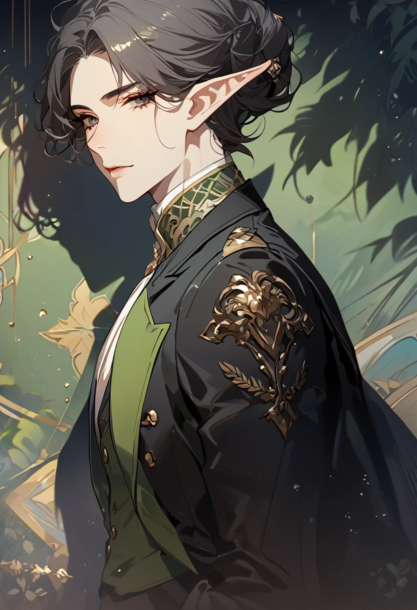 masterpiece, best quality, 8k ,4k , 1 male, elf, long ears elf, dark grayish hair, dark greenish eyes, hair ornament, finely detailed eyes and detailed face, looking at viewer, from side, meticulous clothes, formal clothes, combination of white and black coat, half cape by the shoulders, patterned clothes, majestic looks, sharp looks, shadows, inspired by Asukaziye artist : ask, art style : ask