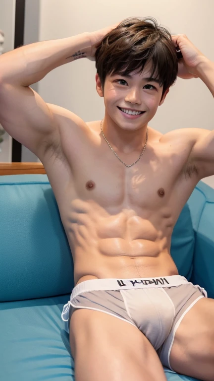 Japanese men、13 years old、Well-developed muscles and smooth skin、Fluffy light brown hair、Light blue and white boxer briefs、See your whole body from head to toe、Hero Academy、Sofa set、With a smile