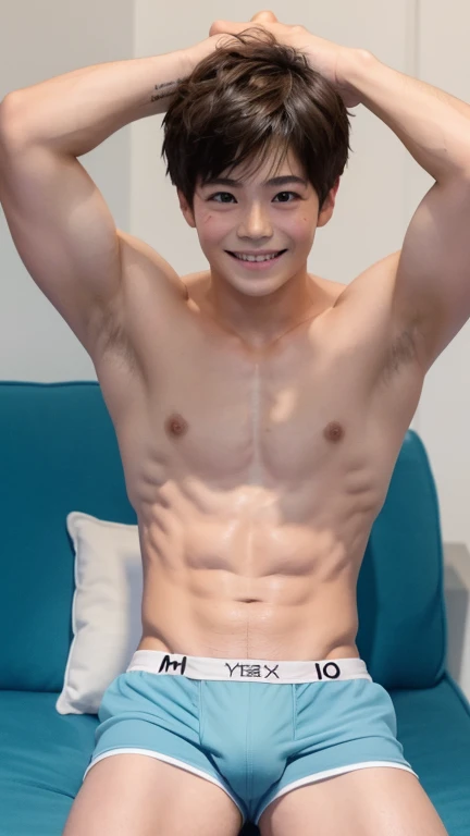 Japanese men、、Well-developed muscles and smooth skin、Fluffy light brown hair、Light blue and white boxer briefs、See your whole body from head to toe、Hero Academy、Sofa set、With a smile