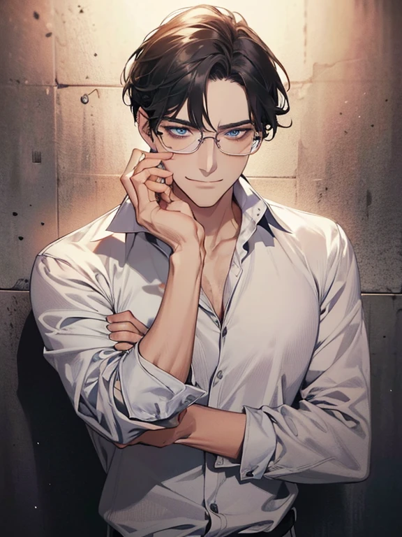 masterpiece, best quality, 1male mature, man, mature, 32 years, gray black hair, blue eyes, glasses, CEO, expression smile in love, white shirt, mugshot, wall background, detailed eyes, detailed facial features, realistic and high resolution (best quality, 4k, 8k, highres, masterpiece:1.2)