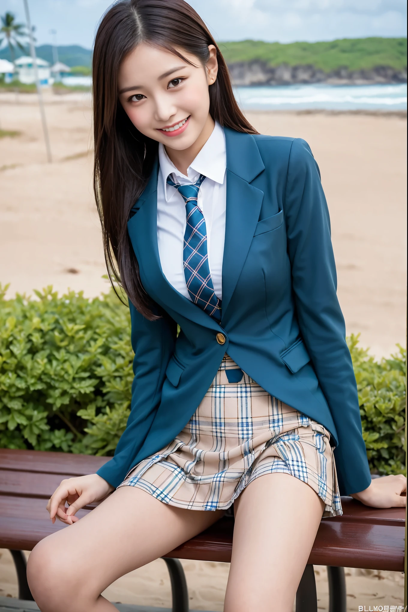 (8k), (best quality: 1.2), (realistic), (realistic: 1.37), ultra high resolution, 1 girl, cute, (Embarrassed smile:1.2), (blushing:1.4),Shut up, beautiful details, beautiful nose, wet hair,forehead, Giant two cell, pork, thighs,exposed navel,College student ,Simple Blazer,pleated skirt,(The skirt and tie are in a tartan check pattern..:1.3),Leather shoes, (Sitting on a park bench by the beach:1.2),(Shiny thighs:1.2), medium shot,(Very thin panty hose:1.2)