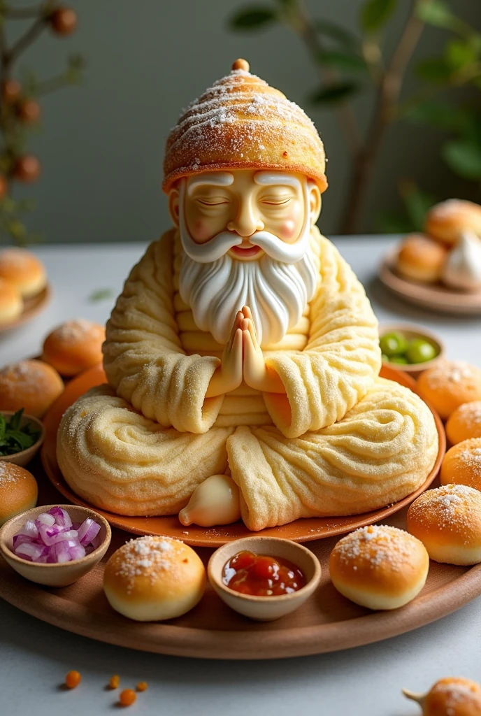 Cream rolls are kept in a plate. Allah is being made from six rolls and in front of it chutney, onion, garlic and coriander are kept and there are 19 more. Make an image of Allah being made and show it.