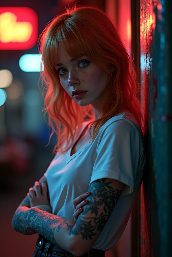 light redhead hair, vibrant blue eyes, white pale skin, full body, rocker clothes, band clothes, thin nose, thin chin, dark night scene, tattooed , High detail RAW colored art, (detailed skin, skin texture), (muscle), intricate details, fine details, hyperdetailed, ray tracing, subsurface scattering, diffuse soft lighting, red and blue spotlight, by Jeremy Mann, Greg Manchess, Antonio Moro, trend at ArtStation, trend at CGSociety, Intricate, High Detail, Sharp focus, dramatic and photorealistic painting art by midjourney, bokeh in the background, Pub, best quality, masterpiece, only 1girl, halfbody portrait, night dark ambient, look at the viewer, white t-shirt, black mini skirt, night bar, country scenario, oregon calm city