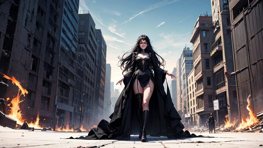 A haunting image of the Dark Queen, a spectral figure in flowing black robes, her face pale and filled with anguish. She hovers above the ruins of a once-grand desert city, with crumbling towers and streets strewn with bodies. Red energy emanates from her hands, reaching towards the desolate landscape below