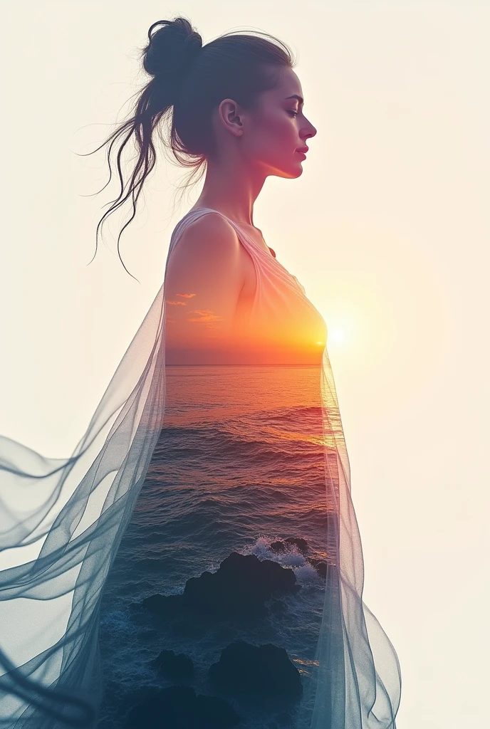 high quality, 8K Ultra HD, A beautiful double exposure that combines an goddess silhouette with sunset coast, sunset coast should serve as the underlying backdrop, with its details incorporated into the goddess , crisp lines, The background is monochrome, sharp focus, double exposure, by yukisakura, awesome full color,