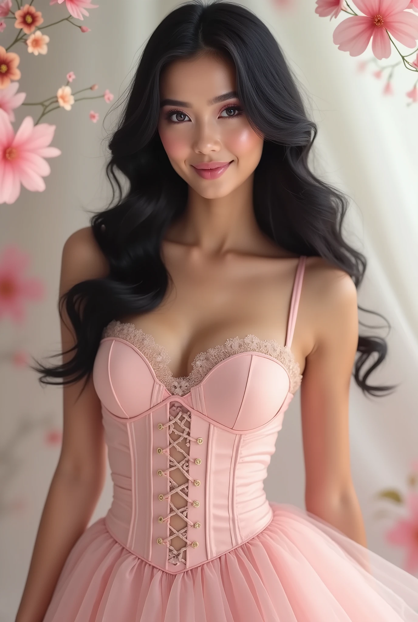 woman wearing a corset-style top with a lovely short tulle skirt underneath, hair in tight waves, charming pink makeup, elegant, beautiful smile, stunning look, pretty face, shades of pink for her eyeshadow, blush, and lip color, masterpiece, photo-realistic, super detail, black long hair
