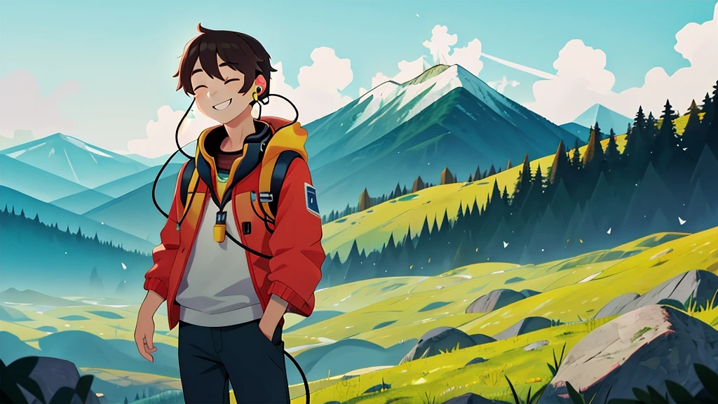 masterpiece,best quality,1man use earphone listening music,mountain,smile,dynamic