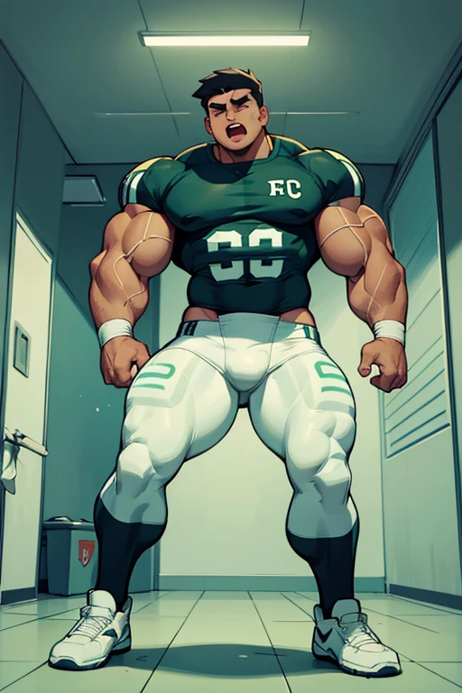 Danny Phantom, ghost, hypnosis, jock, conversion, locker room hallway, hyper muscles, jockstrap, bro, meathead, hypnotized, brainwashed, brainwashing, big dumb jock, football. Danny Fenton is hypnotized by Dash to become another dumb football jock bro. Glowing green eyes. Hyper crotch bulge. Massive bulging crotch. Big balls. Big biceps. Big triceps. Big traps. Broad shoulders. Big meaty pecs. Big thighs. Thick glutes. Football team assimilation. Black hair. Deep dull voice. glazed expression. dumber and dumber. Open mouth. Clothes turning into a football uniform. Forgetting.