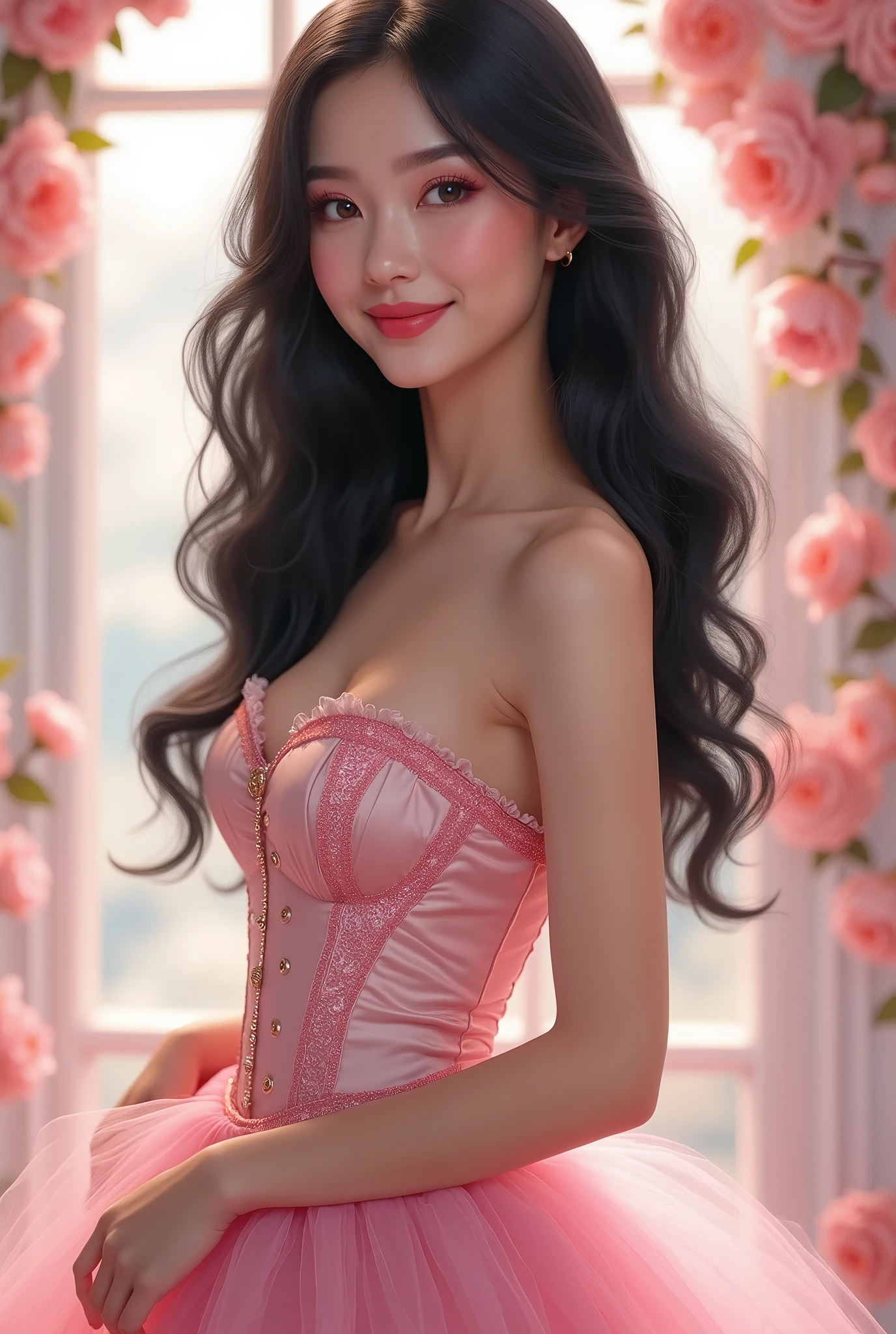 woman wearing a corset-style top with a lovely short tulle skirt underneath, hair in tight waves, charming pink makeup, elegant, beautiful smile, stunning look, pretty face, shades of pink for her eyeshadow, blush, and lip color, masterpiece, photo-realistic, super detail, black long hair
