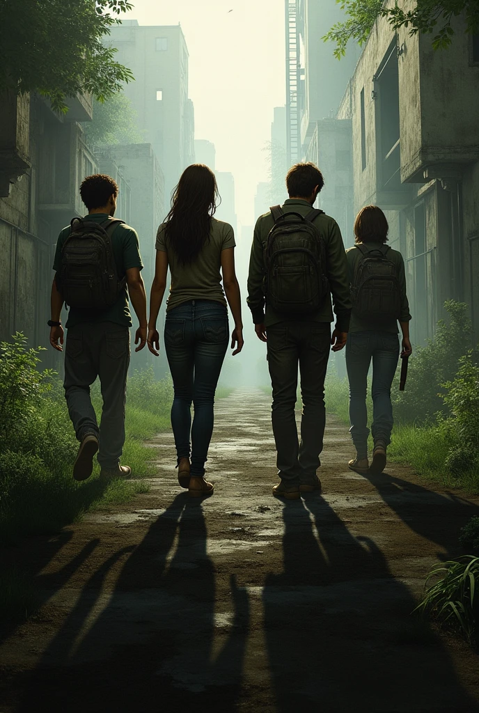 Generate me an image of a book cover similar to The Last of Us where four characters appear, Nick, a 28-year-old boy, Nia a 16 year old girl, Ellie a 17 year old girl and Joel a 30 year old man
