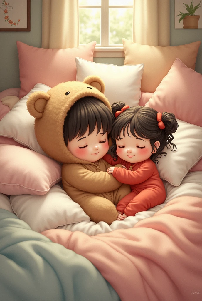 sleeping on pillows sheets and a boy dressed as a bear resting on blankets and a girl with curly hair and pigtails in a red outfit and a pillow