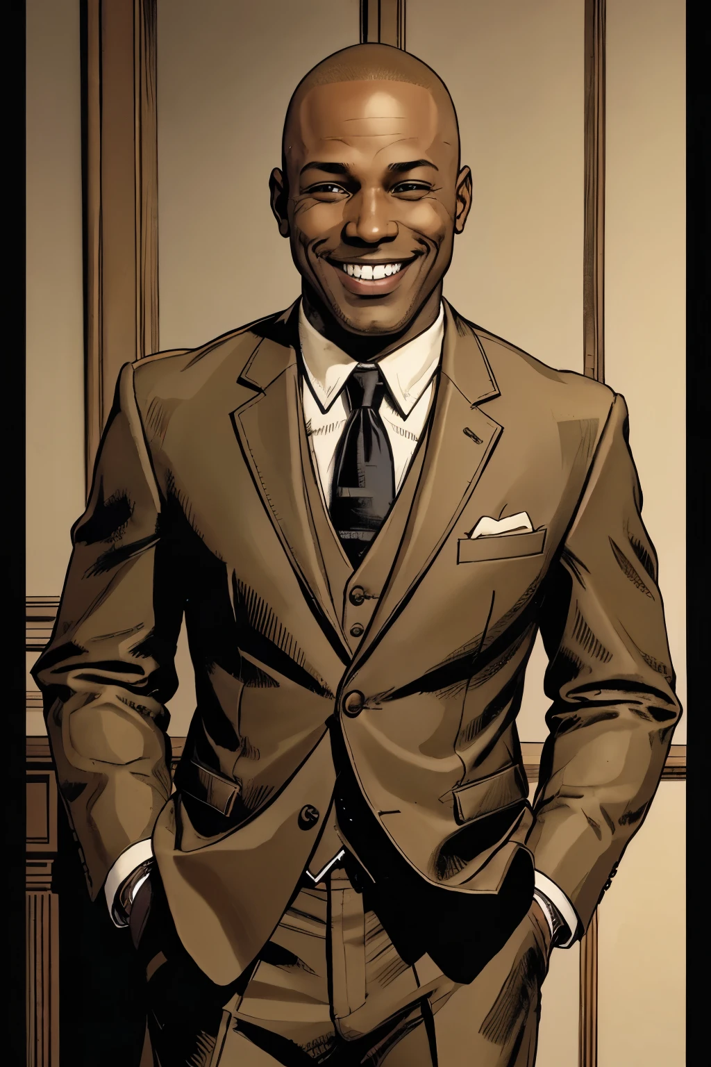 Black man 38 years old smile Wearing a beige suit Thumbs up Eye size Skinhead Good man so